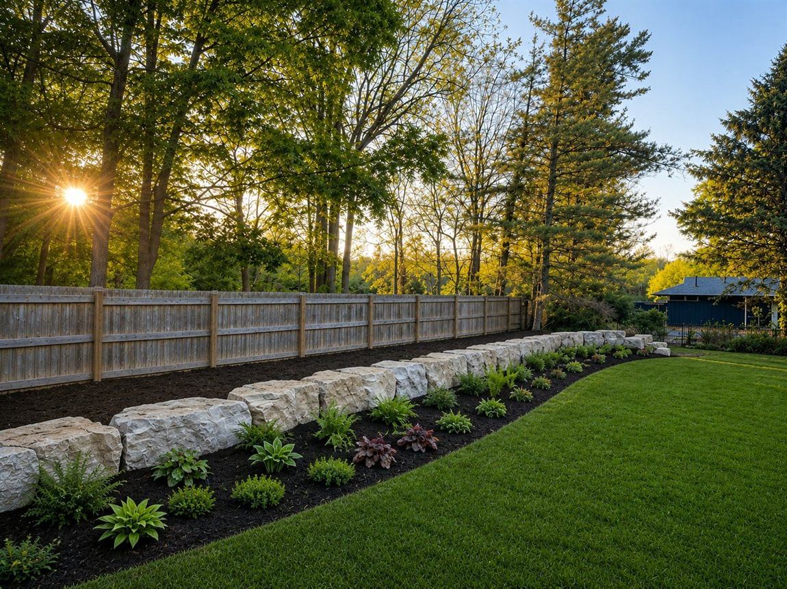 Design concept of the finished armour-stone retaining wall with sod and garden beds