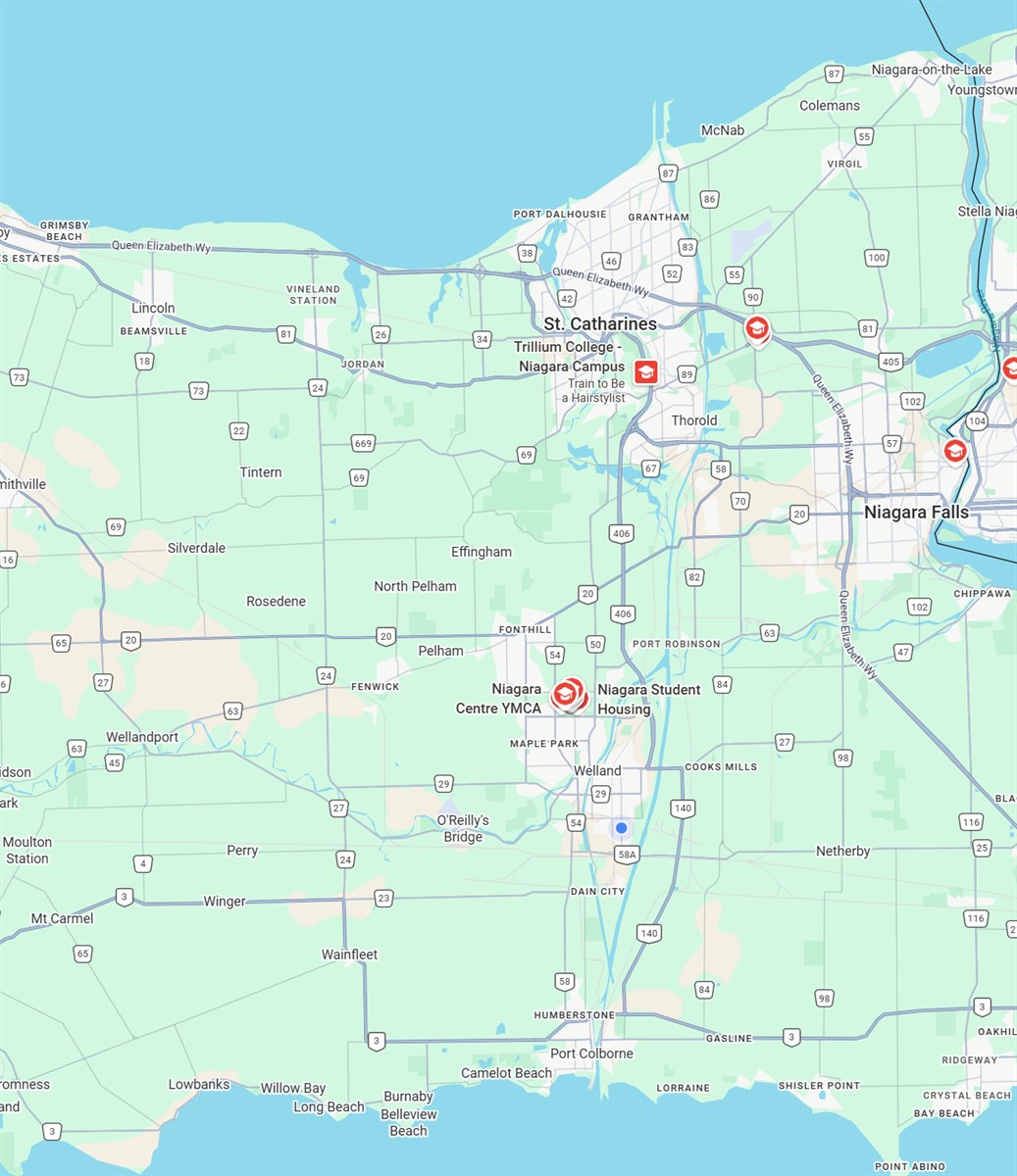 Map of BDG Construction's Niagara region service area — Niagara Falls, St. Catharines, Welland, Niagara-on-the-Lake, Thorold and Fort Erie